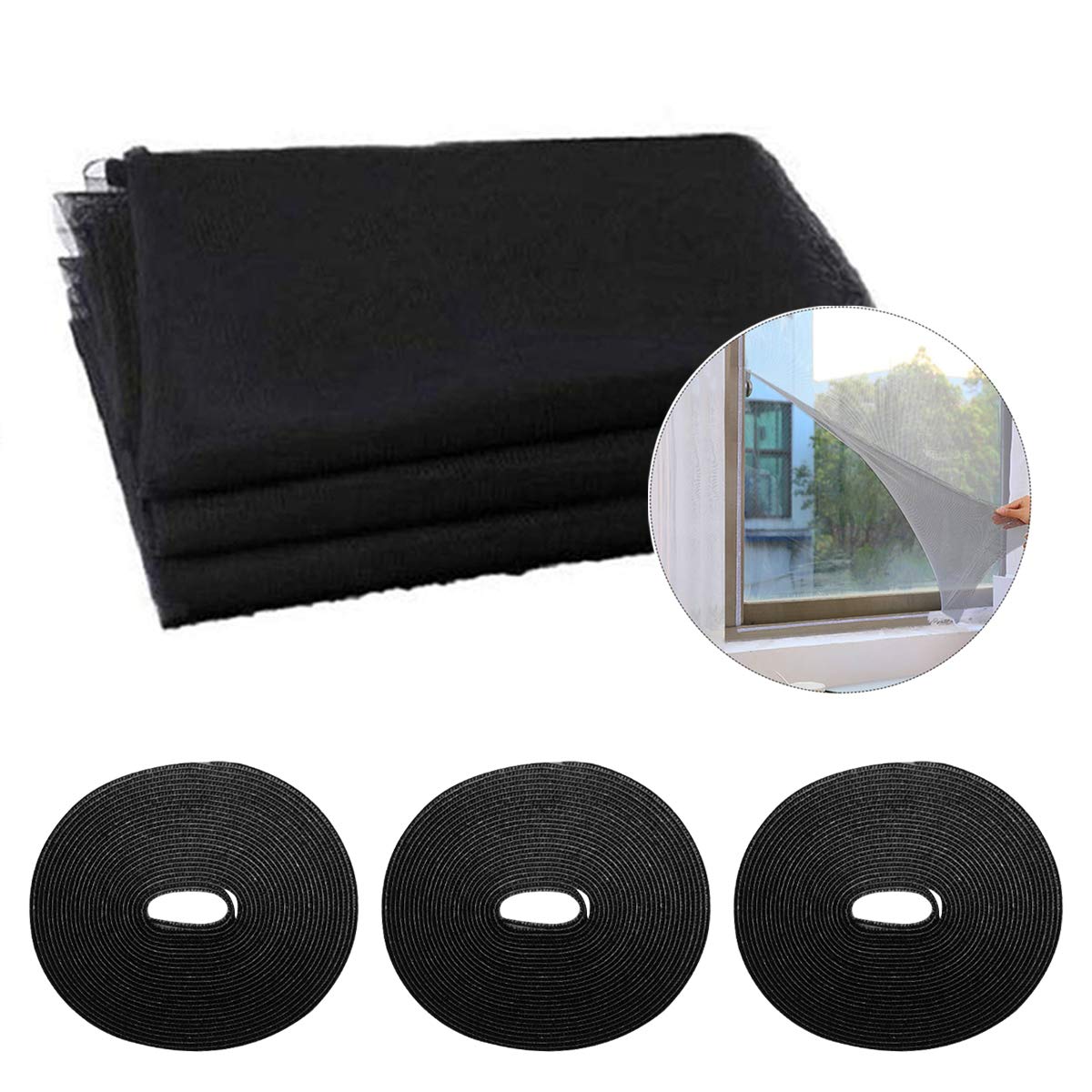 Fodlon Window Insect Screen, 3 PCS 1.5m*2m Mosquito Net, Window Fly Net, DIY Insect Screen Mesh Bug Bee Protector with 3 Rolls Self-Adhesive Tapes (Black)