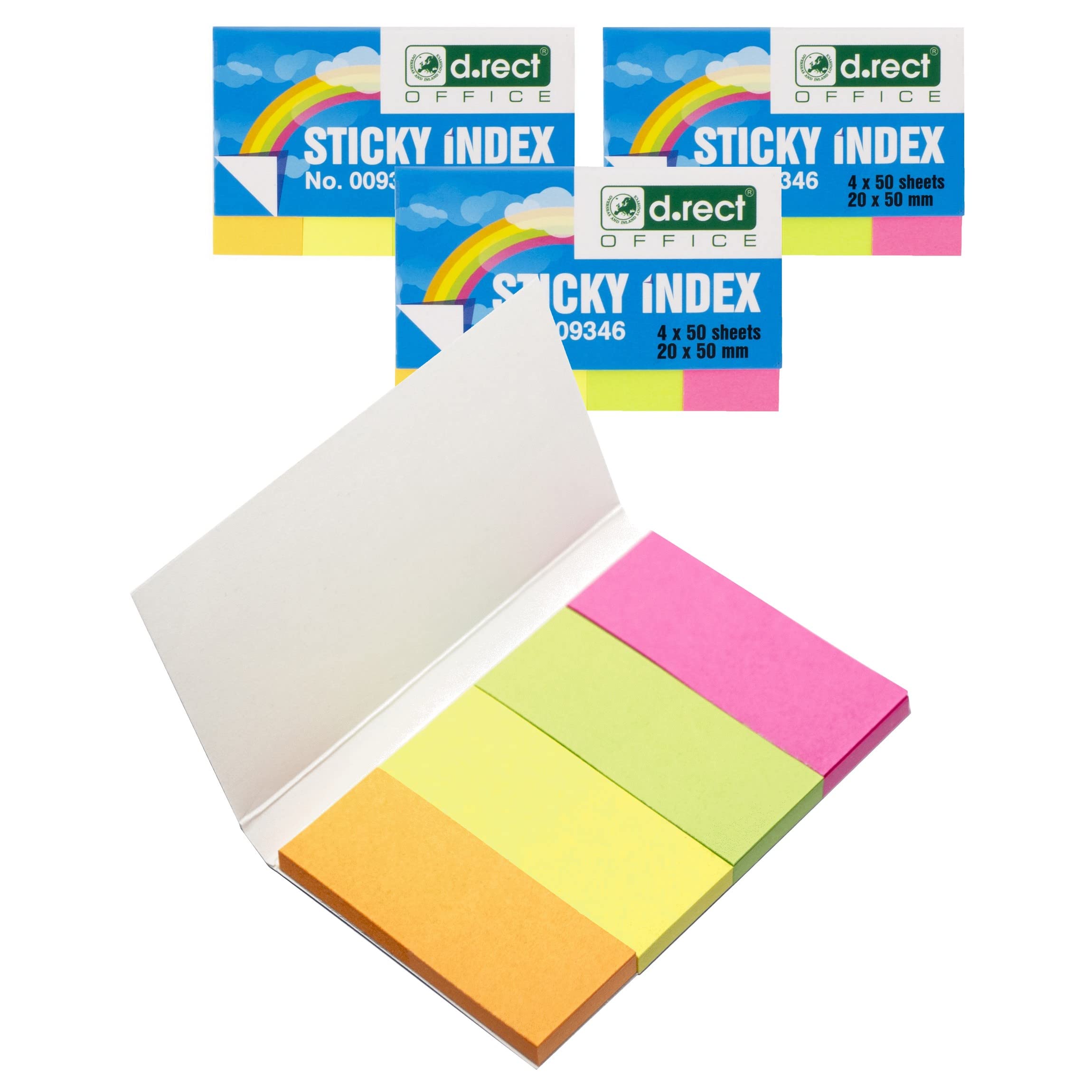 D.RECT Adhesive Strips Page Marker Index Adhesive Marker Film Text Strips 20 x 50 mm 4 x 50 Pack of 50 Cardboard Dispenser Pack of 24