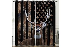 HOSIMA Hunting Deer Curtains for Bedroom Essentials for Men,Forest Wildlife American Flag Curtain for Living Room Kitchen,Hunting Themed Curtains 45 Inch Long 2 Panels Hunter Bedroom Decor.
