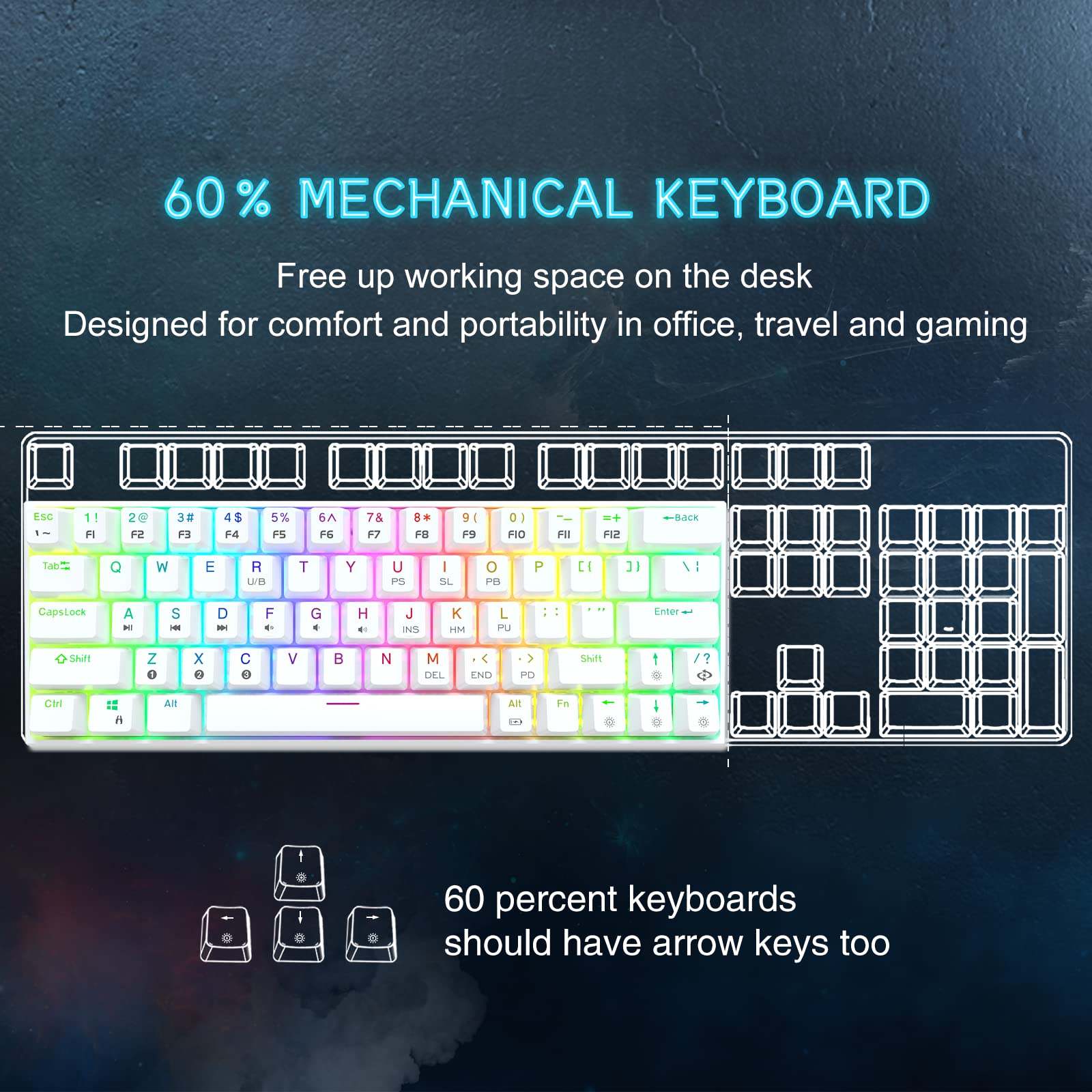 DIERYA DK63N 60% Wireless Wired Mechanical Gaming Keyboard, RGB Backlit Bluetooth Keyboard w/Arrow Keys, 63 Keys Ultra-Compact Keyboard Full Keys Programmable w/Blue Switch for Windows Laptop PC Mac
