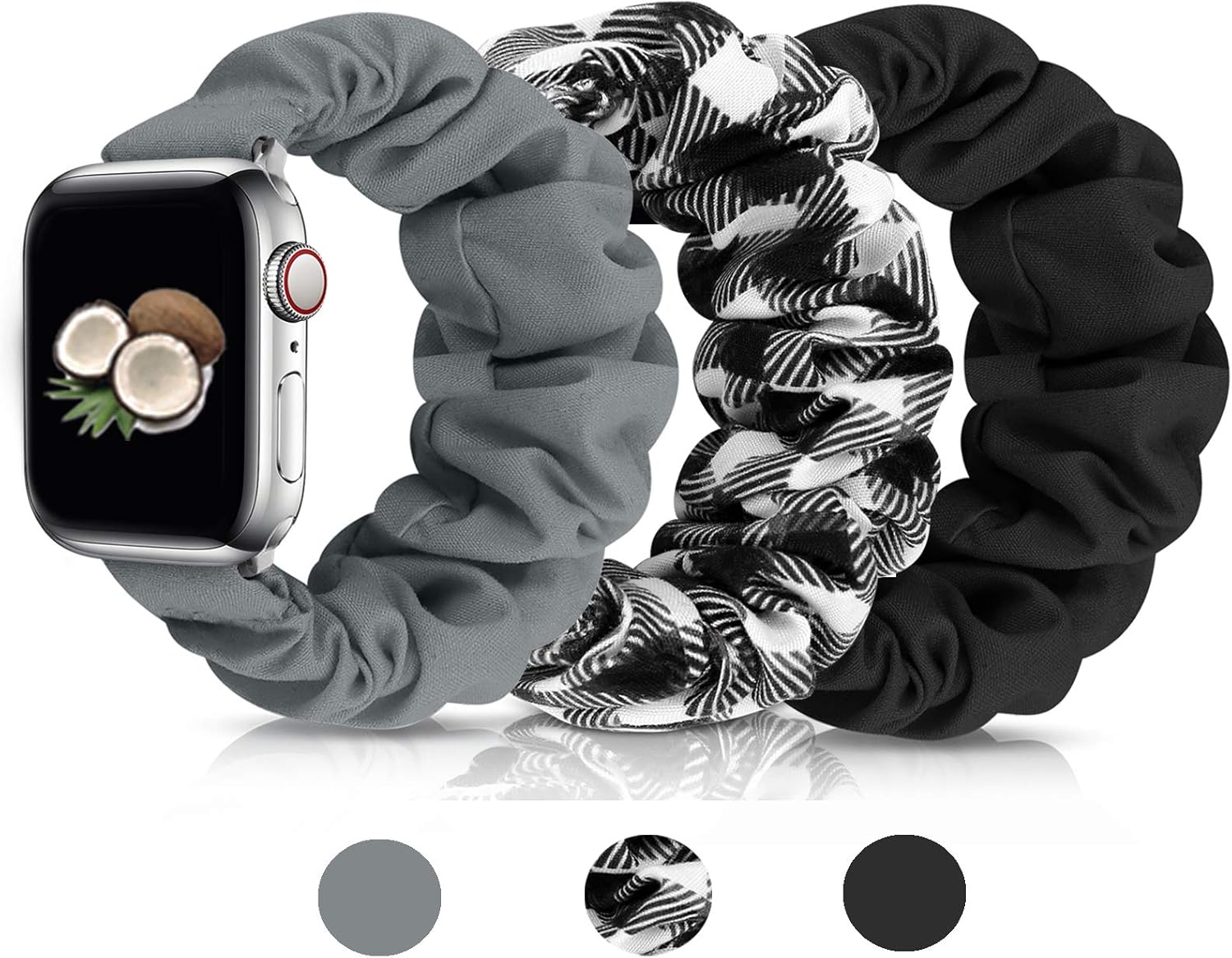 Scrunchies Watch Band for Women, Soft Replacement Elastic Wristband Compatible for iWatch Series 6 5 4 3 2 1 Compatible with Apple Watch Band 38mm 40mm 42mm 44mm (Black+Grey+Grid 42mm/44mm S)