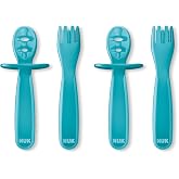 NUK Pretensil Dipper Spoon &amp; Fork Set, Baby &amp; Toddler Self-Feeding Utensils, Easy-Grip, Mess-Reducing Design, 4 Pack