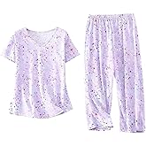 RNTVIC Womens Cotton Pajama Sets 2 Piece Capri Pants with Short Sleeved Pjs Set for Women Lightweight All Season Pajamas