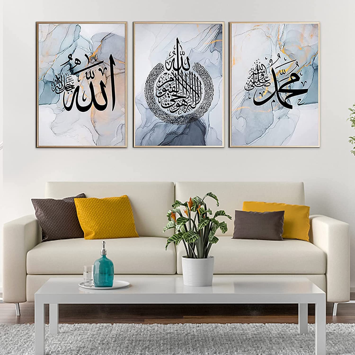 JNAOZI Islamic Arabic Calligraphy Canvas Painting, Islamic Wall Picture Poster, Marble Background, Wall Art Picture for Bedroom, No Frame (60 x 90 cm x 3) — image 1