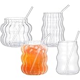 Ziliny 4 Pcs Creative Glassware Set Wave Shape Drinking Glasses with Glass Straw Aesthetic Cups Vintage Ribbed Glass Cups Cute Drinking Glasses for Tea Beer Water Cocktail Coffee Beverage Kitchen