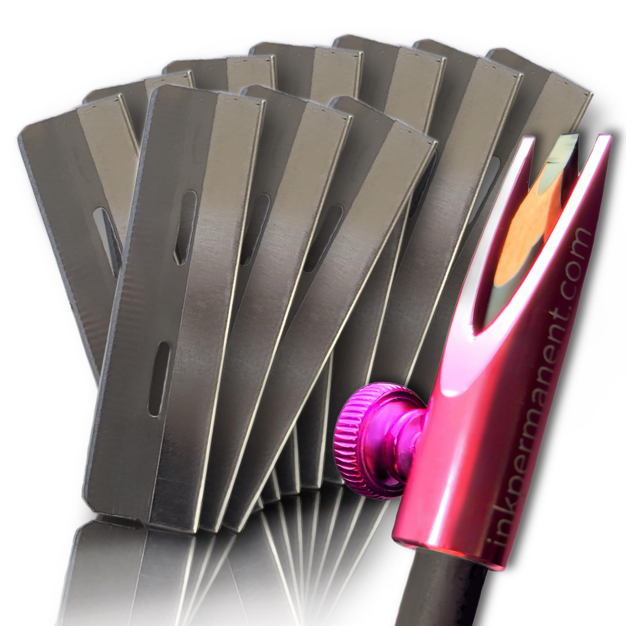 Pink Metal Eyebrow Pencil Shaper with 10 Razors, Waterproof Peel-Off Brow Pencil Sharpener, Eyebrow Mapping Kit