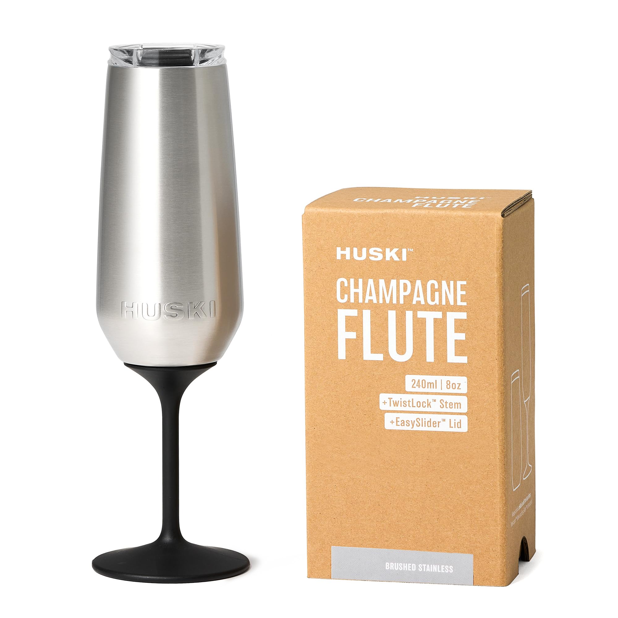 Huski Champagne Flute | New | Award-Winning Design with Detachable Stem | Premium Stainless Steel Champagne Glass with Lid | Triple Insulated Tumbler | 240ml Capacity | Great Gift (Stainless)