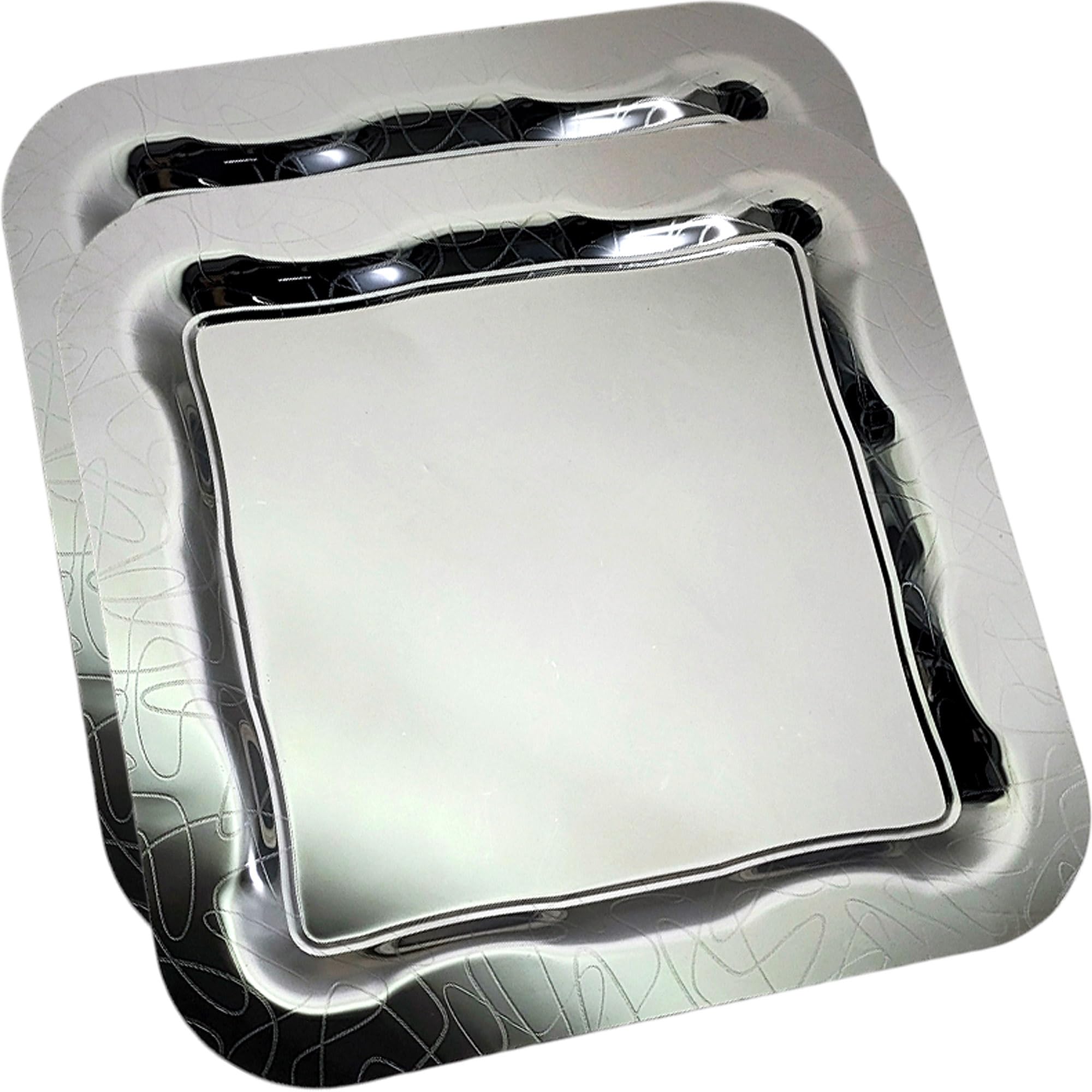 Maro Megastore (Pack of 4) 47 cm x 33 cm Rectangular Chrome Plated Serving Tray Floral Edge Engraved Decorative Holiday Wedding Birthday Buffet Party Dessert Wine Plate Platter 1774 L Tla-070