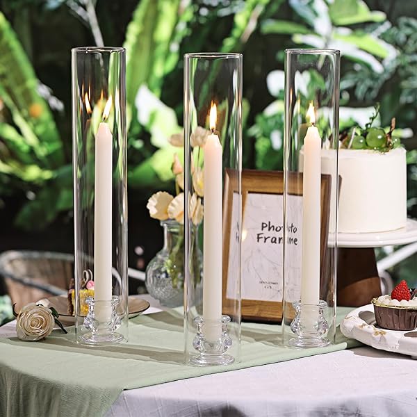 VOLENS HURRICANE GLASS CANDLE HOLDERS – SET OF 6 CANDLESTICK HOLDERS FOR TAPER CANDLES WITH WINDPROOF CYLINDER COVERS 14″ TALL CLEAR GLASS CHIMNEY COVER FOR WEDDING TABLE CENTERPIECE HOME DECOR