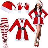 Funtery 5 Pcs Santa Claus Costume Women Christmas Suit Including Velvet Dress with Belt, Hat, Striped Tights, Velvet Gloves