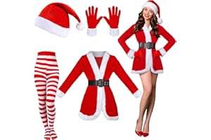 Funtery 5 Pcs Santa Claus Costume Women Christmas Suit Including Velvet Dress with Belt, Hat, Striped Tights, Velvet Gloves