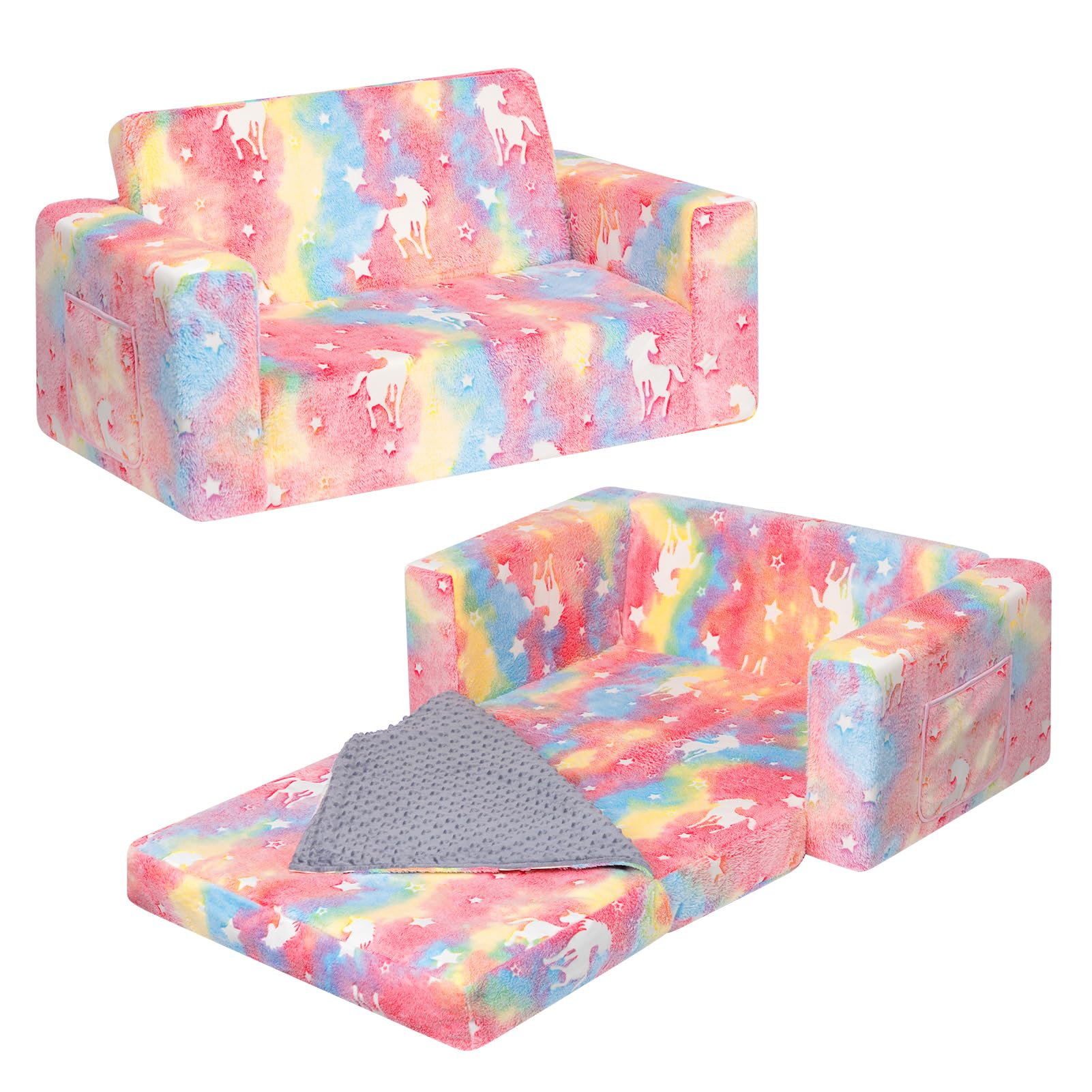 Photo 1 of ***FACTORY SEALED*** ALIMORDEN Fold Out Toddler Couch, Extra Wide Comfy 2-in-1 Cuddly Sherpa Sofa for Kids, with Removable Baby Friendly Blanket, Convertible Sofa to Bed, Unicorn
