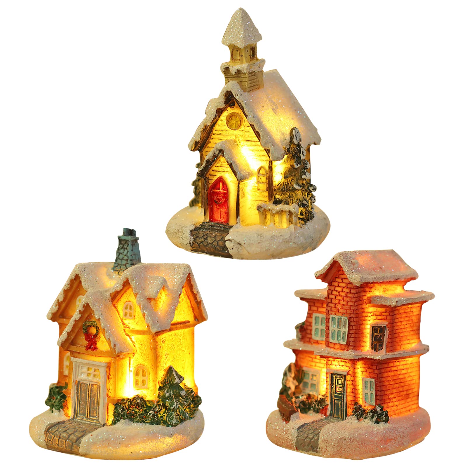 Christmas Village Houses Set 3Pcs LED Light Up Christmas Ornament Kits Christmas Resin Ornament Buildings Scene Christmas Decorations Luminous Snow House Holiday Lighting Xmas Party Decor (House)