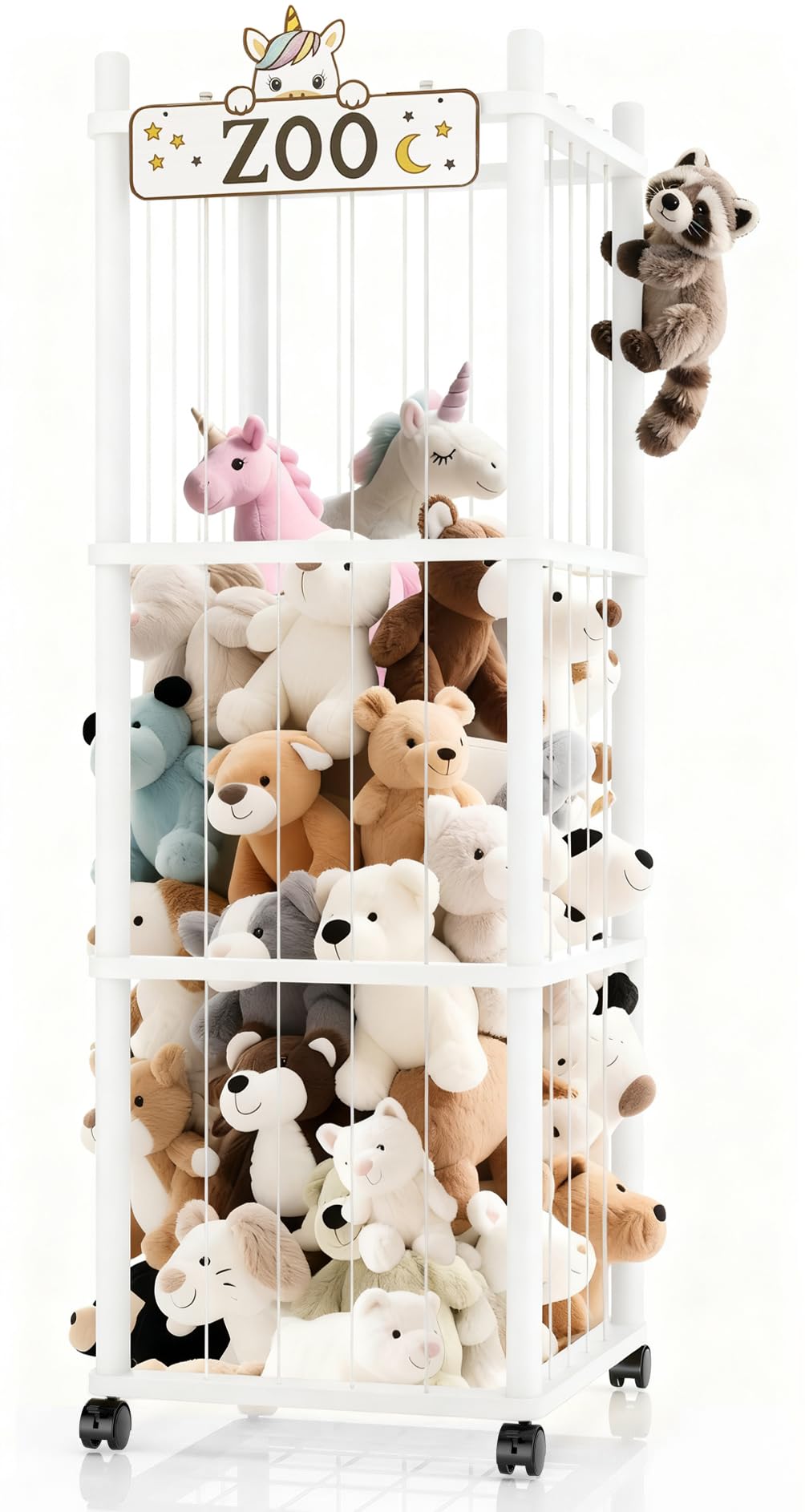 Photo 1 of Stuffed Animal Storage Zoo Tower,56In Wooden Large Stuffed Animal Holder Organizer with Wheels,Stuffy Plushies Storage with Elastic Band&Mesh Bottom,Toy Storage Organizers for Playroom Nursery?White?