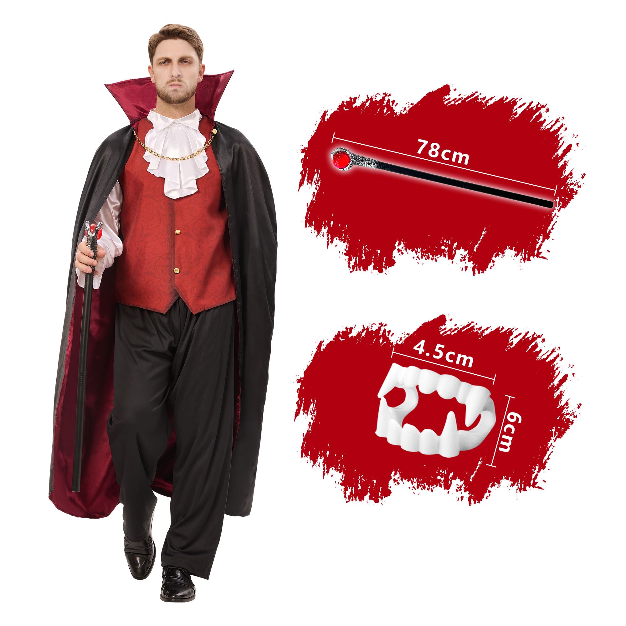Funnlot Vampire Costume Men, Halloween Vampire Costume with Cape, Dracula Costumes Adult Black Red Cloak with Teeth for Mens Halloween Costumes Adult