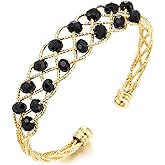 COOLSTEELANDBEYOND Women's 18K Gold-Plated Cuff Bracelet, Lattice Design with Black Crystal Accents, Adjustable Open Bracelet