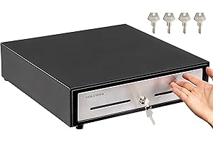 Volcora 16" Manual Push Open Cash Register Drawer for Point of Sale (POS) System - Black and Stainless Steel Front Touch Panel - Durable Cash Drawer with Removable Tray, 5 Bills and 8 Coin Slots