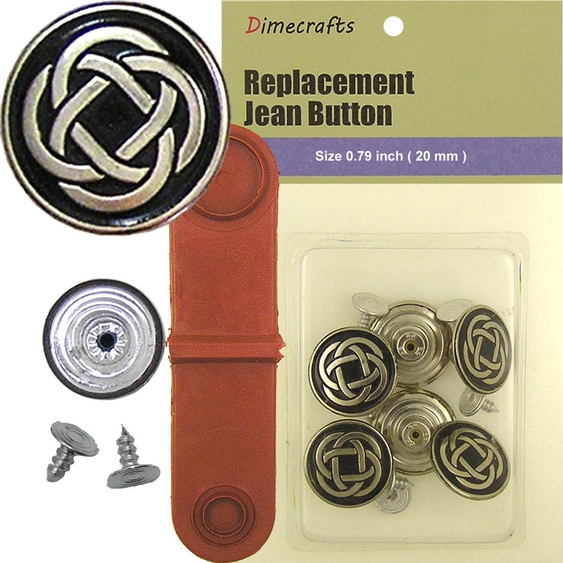 20mm No-Sew Celtic Knot Black Silver 6 Jean Tack Buttons w/Tool