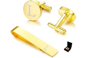 Diamday Cuff Links and Tie Clips Set Personalized Cufflinks for Men Silver Gold Initial Cufflinks Men's Link Shirt Studs Tie Letter Tie Clips and Cufflinks Set with Box Groomsmen Gift for Him