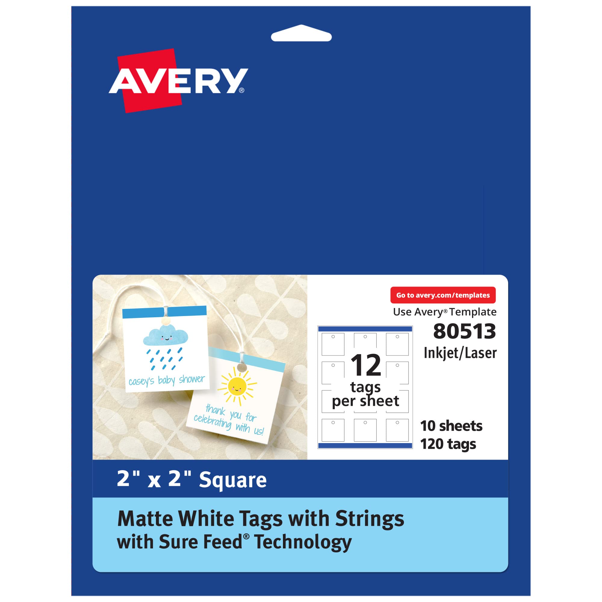 Avery Square Tags with Sure Feed Technology, 2" x 2", Matte White, 120 Square Tags with Strings, Print-to-The-Edge, Laser/Inkjet Printable Tags (80513)