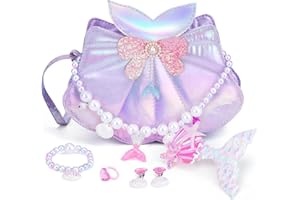 Belle&Birdie Little Girl Purse with Seashell Toys, Toddler Purse with Pretend Play Toys, 6 Pcs Dress Up Jewelry Accessories for Girls, Kids, Toddler