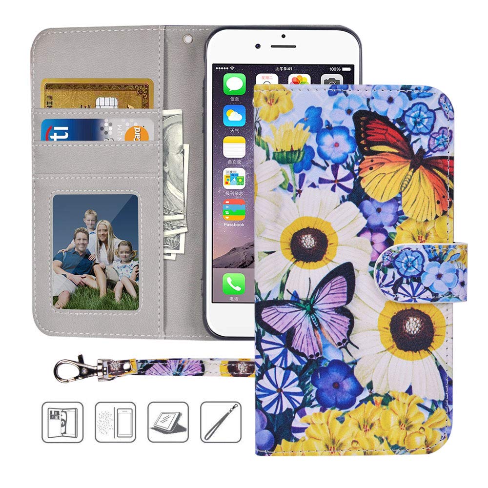 Urbeutyke iPhone 8 Plus Wallet Case,iPhone 7 Plus Wallet Case, Premium PU Leather Flip Folio Case Cover with Wrist Strap,Card Slots,Kickstand for iPhone 8 Plus/7 Plus-Butterfly over Flowers