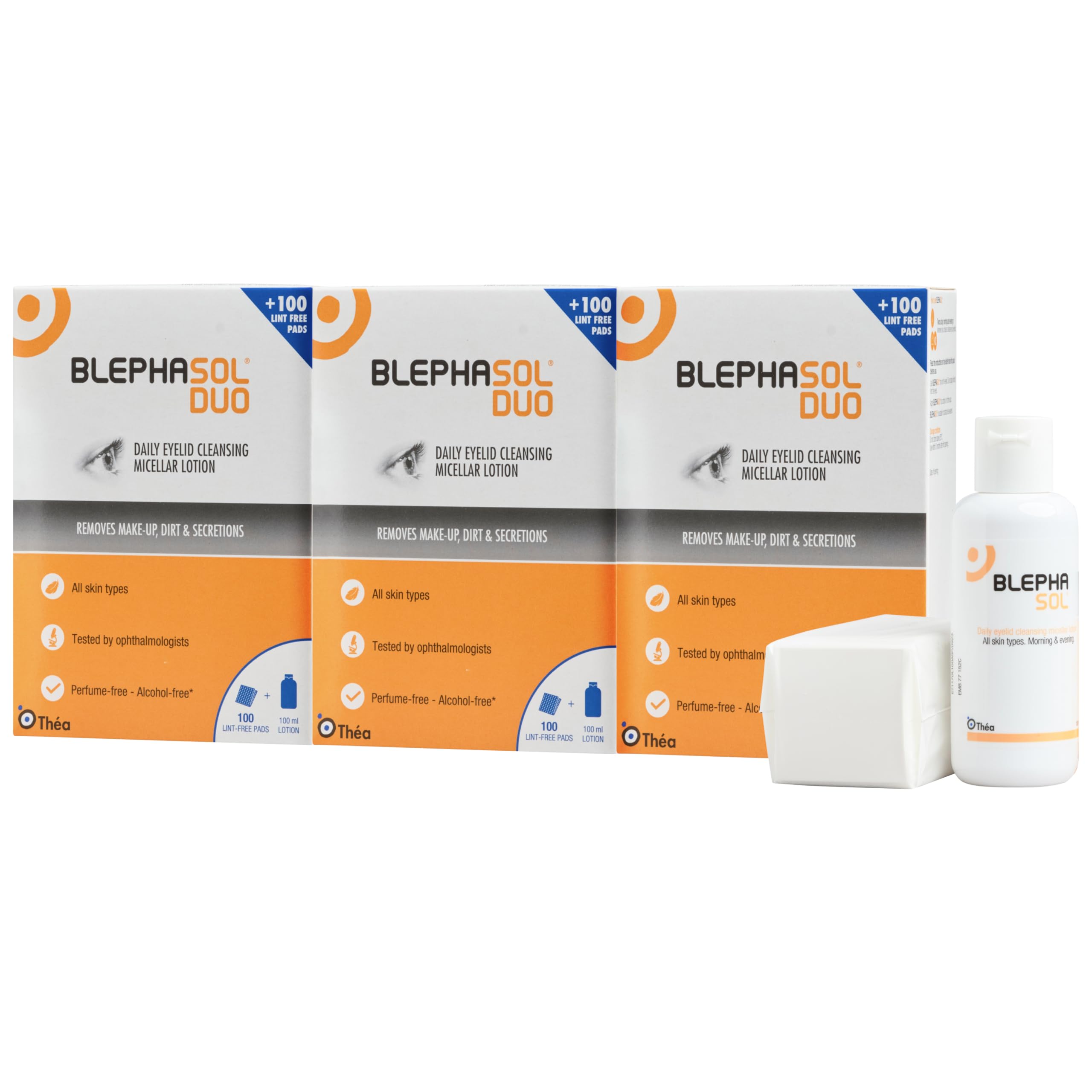 Blephasol Duo Micellar Eyelid Cleansing Lotion | Gentle, Effective Removal of Dirt & Makeup from sensitive Eyelids and Lashes | Perfume & Alcohol-Free | 3 PACK | 3 x 100 ml Bottle |300 Lint-Free Pads