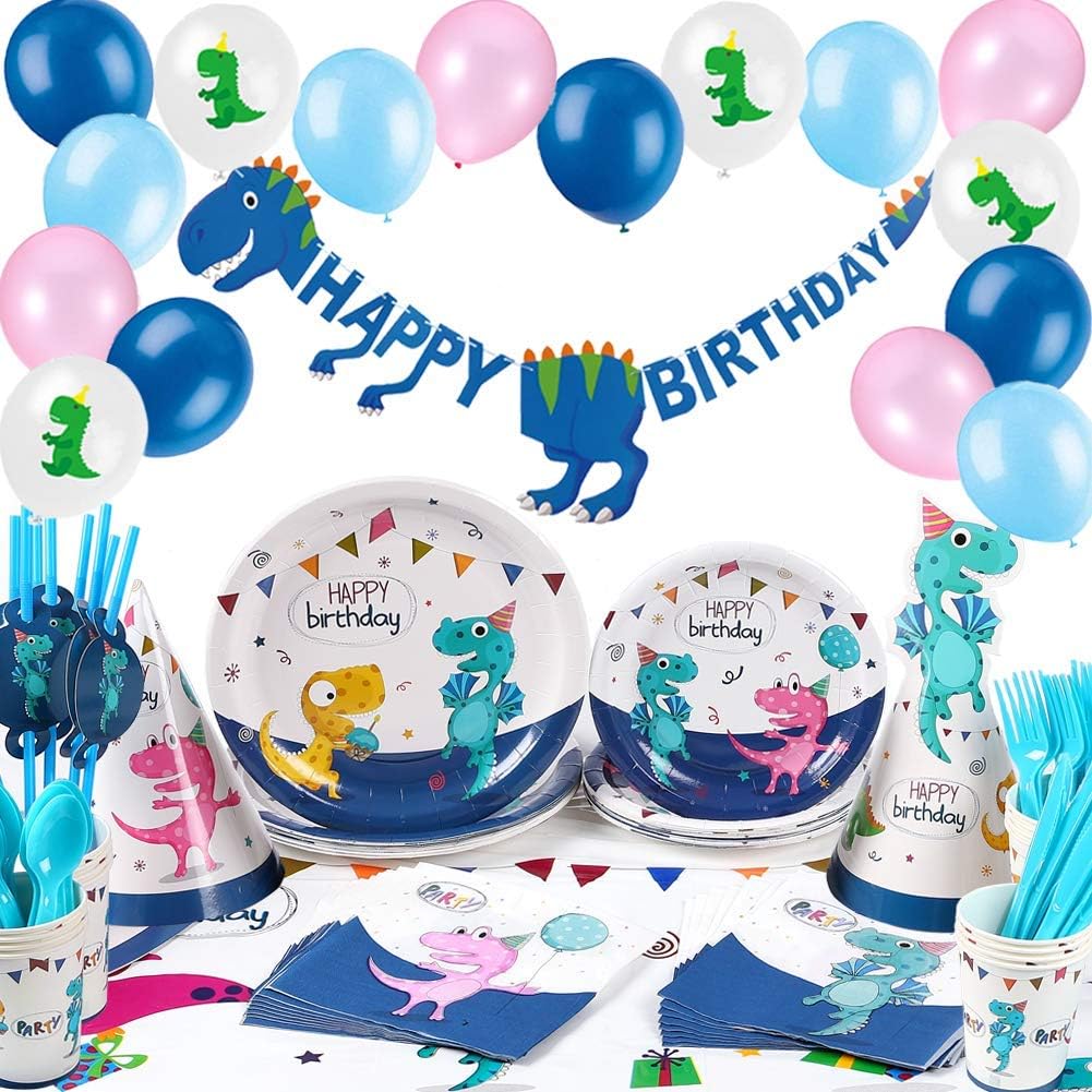 Dinosaur Party Supplies, Plates Cups Napkins Hats Tablecloth Balloons Happy Birthday Banner, Kids Dinosaur Birthday Party Serve 16