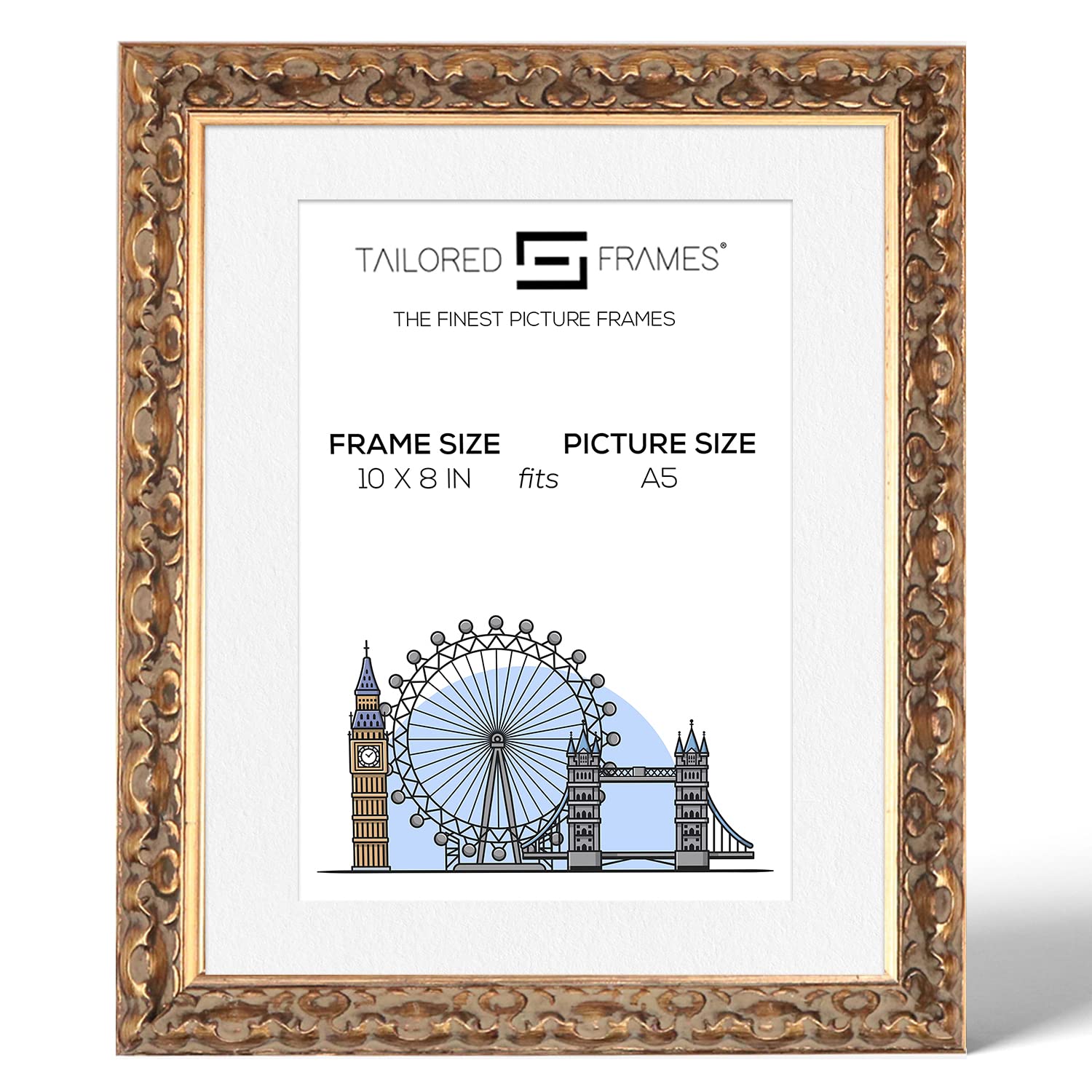 Tailored Frames Vienna Gold 10" x 8" Frame for A5 Picture | Rustic Style Vintage Single Picture Frame | Table Top & Wall Hanging Type | Photo Frame with White Mount