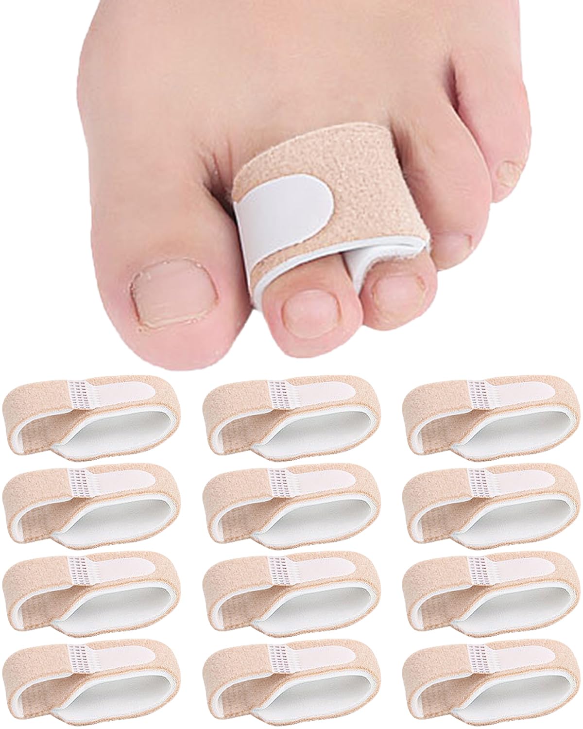 Photo 1 of 12 Pack Fabric Hammer Toe Corrector Straightener, Reusable Broken Toe Tape Buddy Straps Wraps Splints Lined with a Cushioning Latex Foam Layer for Crooked Bent Toes Support Protector(1 Inch Wide)