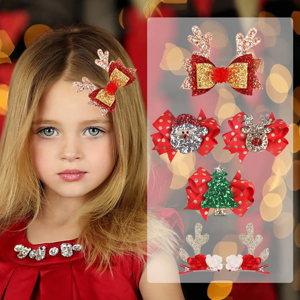 IYOU Christmas Hair Accessories Red Bow Hair Clips Flower Reindeer Antler Head Pieces Glitter Headdress for Girls Christmas Party(Pack of 6)