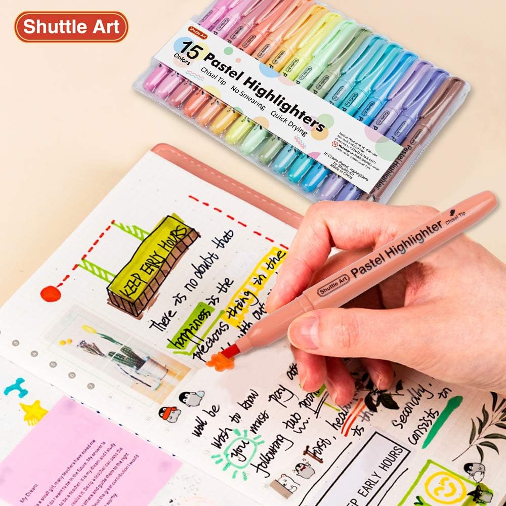 Highlighters, Shuttle Art 15 Colors Pastel Highlighter Pens Assorted Colors, Chisel Tip Dry-Quickly Non-Toxic Highlighter Markers for Adults Kids Highlighting in the Home School Office : Office Products