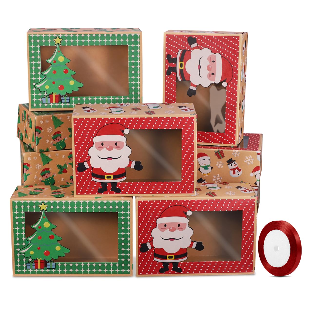 HEMOTON Christmas Cookie Boxes Doughnut Boxes Bakery Box Christmas Kraft Paper with Clear Window,Gift for Presents Green and Red Holiday Designs with Xmas Ribbons for on Holiday Party(Set of 12)