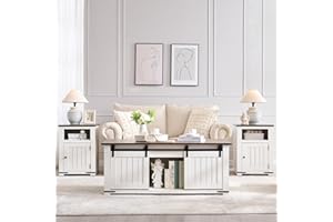 IFGET Farmhouse Furniture Set of 3, Includes 48" Lift Top Coffee Table with Sliding Groove Barn Door and Double Storage, Two Open 20" Nightstands with Charging Stations&Adjustable Shlef. Antique White