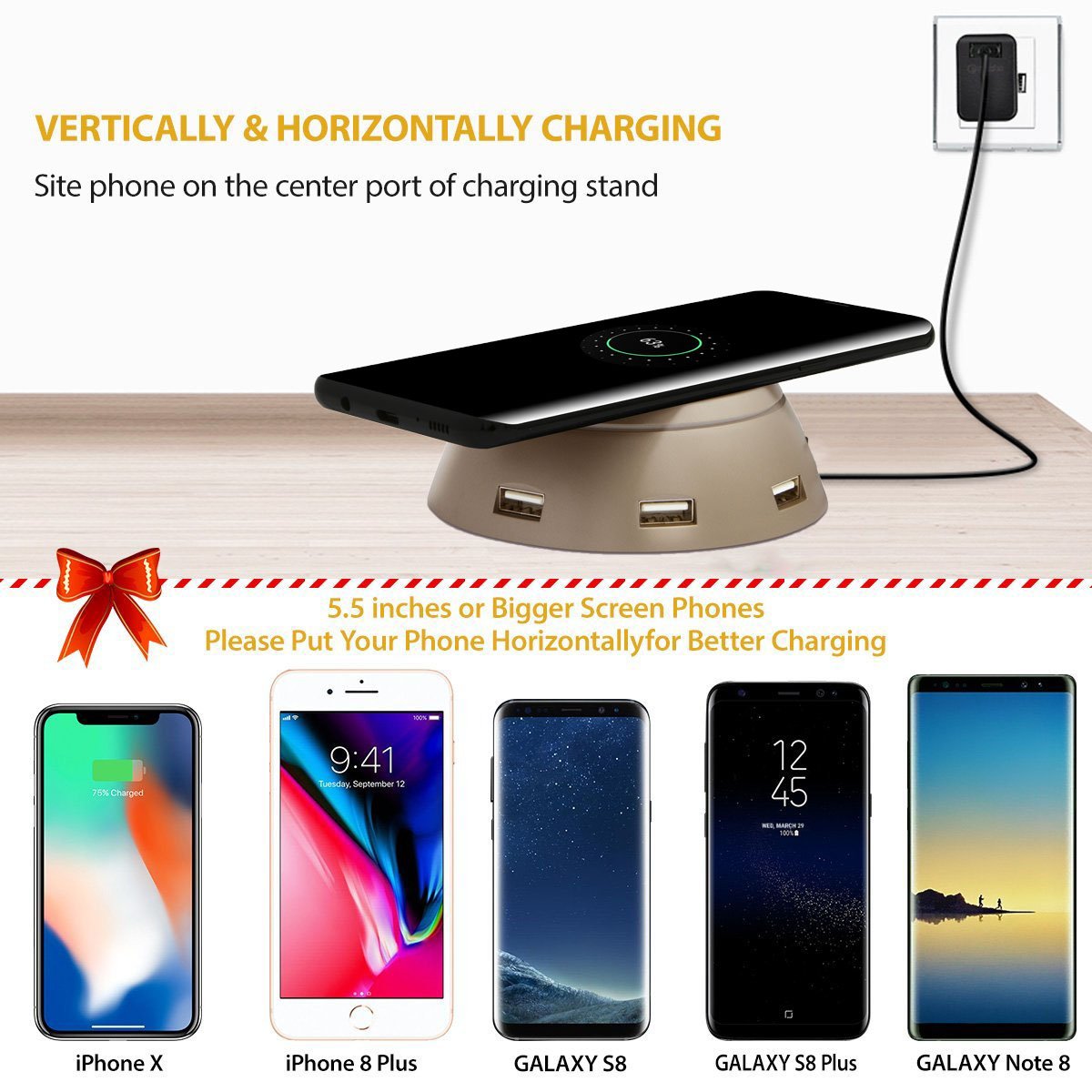 Q1T5 Wireless Charger with 6 USB Charging Match All Phone Models QI Wireless Charging (6 USB + Wireless Charger with 2 Surprise Gifts)