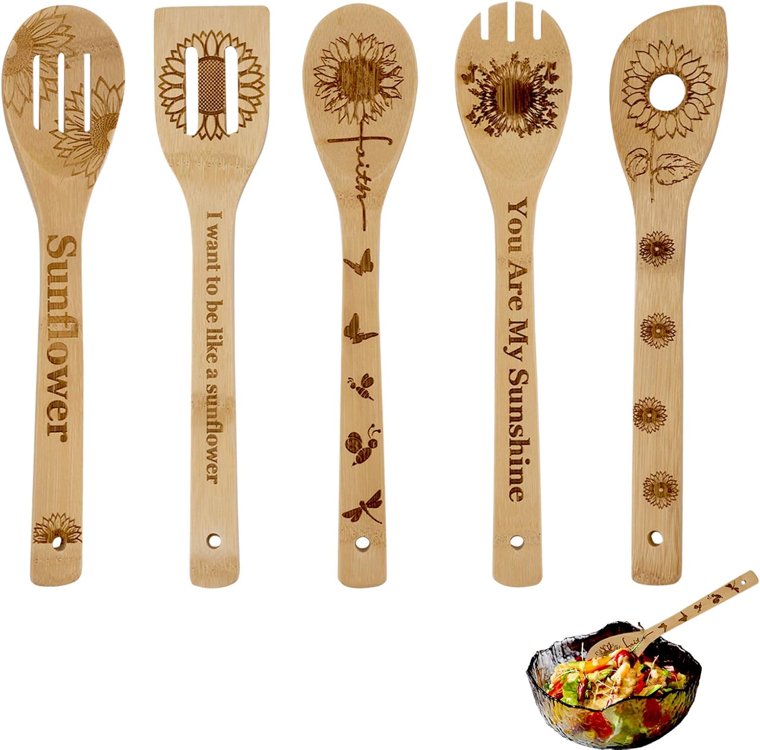 Sunflower Wooden Cooking Spoons Set of 5,Sunflower Kitchen Gift, Sunflower Spoon Set,Bamboo Cooking Spoons Housewarming Wedding Birthday Mom Cooking Anniversary Kitchen Decor