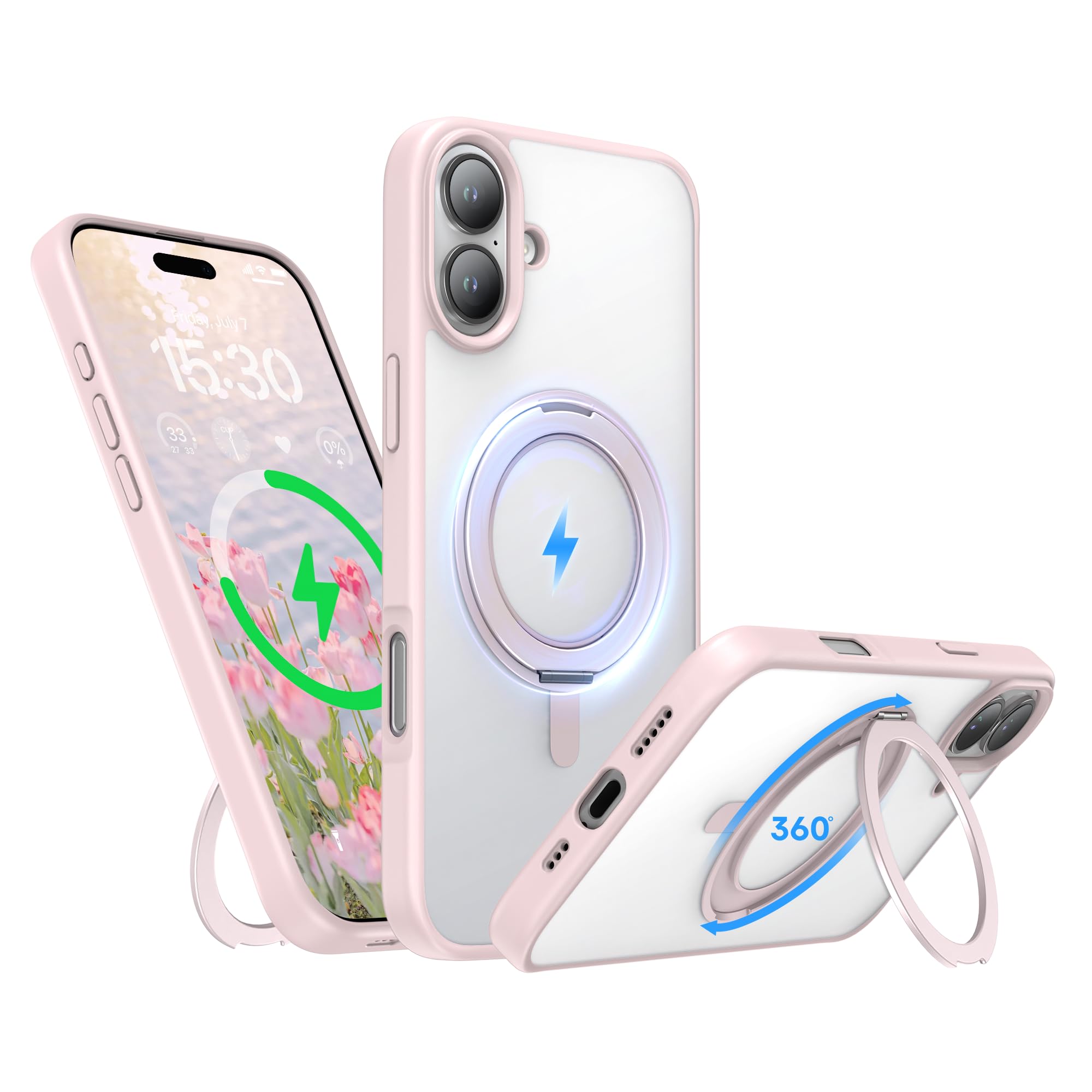 Niunisi Stand for iPhone 16 Case, [Compatible with Mag Safe] 360° Rotatable Ring Holder Kickstand Military Shockproof Protective Case for iPhone 16 6.1 Inch, Pink