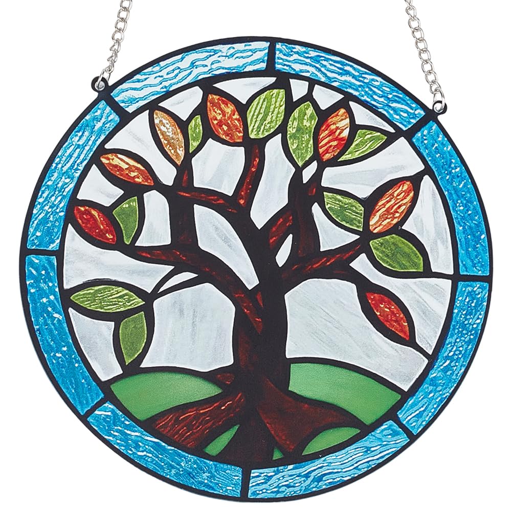 CREATCABIN Tree of Life Stained Window Hanging Suncatcher Glass Window Panels Acrylic Wall Hanging Ornament Hand-Painted Glass Panel Decor with Alloy Chain for Gift Women Christmas 15x15cm