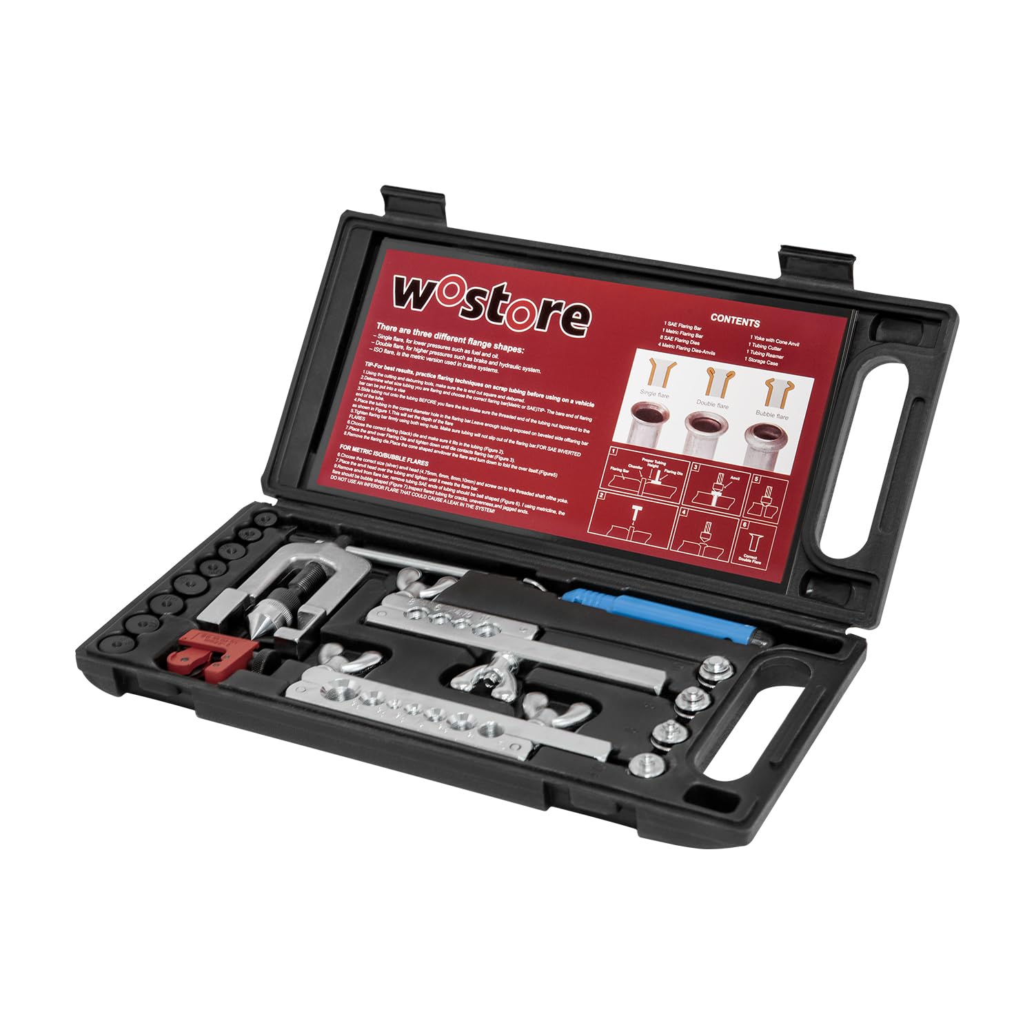 Photo 1 of Wostore Professional Brake Line Flare Kit for Single, Double (SAE) Flares & Bubble (ISO) Flares with Tubing Cutter Pipe Reamer for 3/16-5/8" 7 Sizes