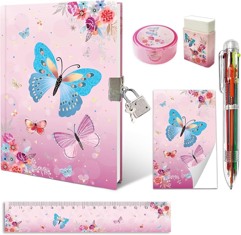 GINMLYDA Secret Diary for Girls 6Pcs Stationery Set Butterfly Diary Lock