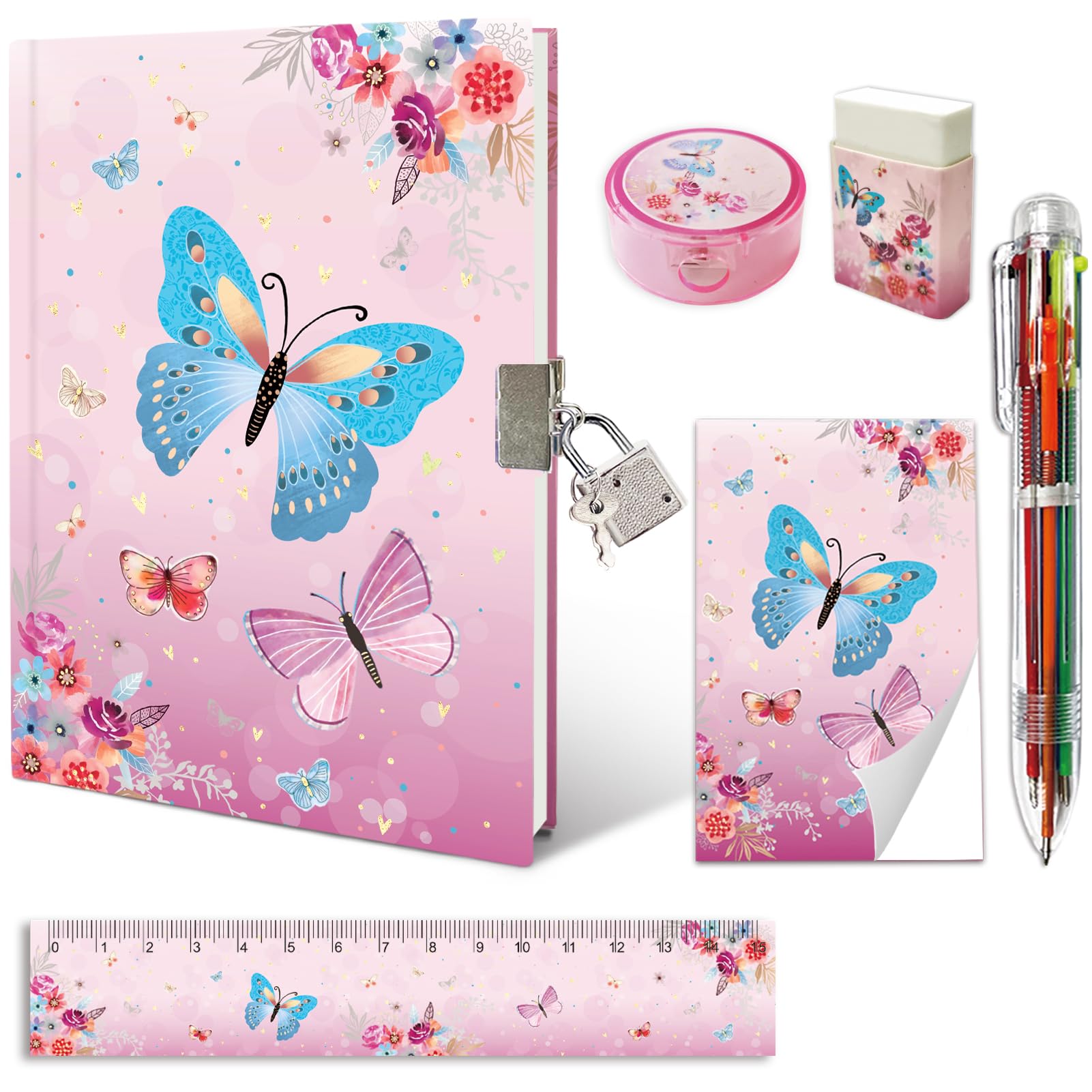 Set of Secret Diary for Girls, 6Pcs Gifts Stationery Set for Girls incl. Butterfly Diary with Lock 6 Multicolor Pen Memo Ruler Eraser Sharpener Kids Notebook for Girls Birthday Presents Age 5-10 Year — image 1