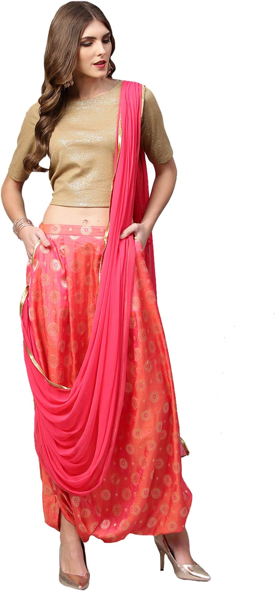 Inddus Pink & Gold Art Silk Ready to wear Dhoti Saree/Sari Without Blouse piece for Women Wedding
