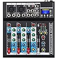 Depusheng HT4 Bluetooth Compatible Professional Portable Digital DJ Console w/USB 4 Channel Mixer Audio Interface-Mixing Boards For Studio Recording, Black