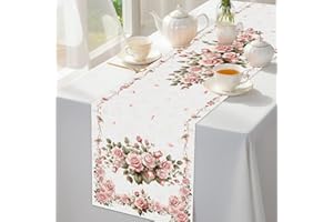 Floral Table Runner, Spring Washable Pink Dense Flower and Petals Design Light White Table Runner, Seasonal Kitchen Dining De