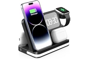 HATALKIN 3 in 1 Wireless Charging Station for Apple Devices with Alarm Clock Compatible with Apple Watch Ultra 9 8 7 SE 6 5 4, iPhone 15 14 13 12 11 Pro Max Mini XS 8/Airpods/Samsung/Google