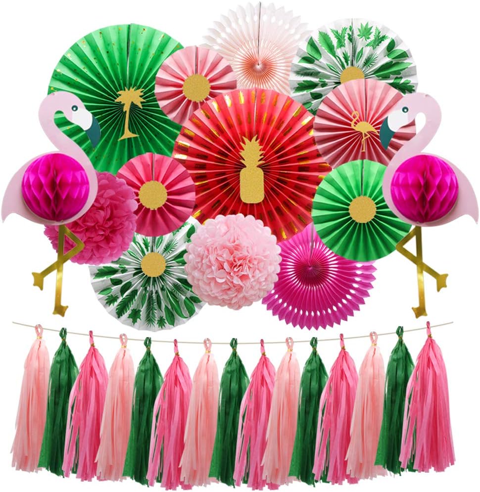 KAXIXI Tropical Flamingo Party Supplies, Pink Honeycomb Balls Hanging Paper Fans Pom Poms Flowers Tissue Tassels for Birthday Baby Shower Decorations Bachelorette Hawaiian Summer Beach Party: Home & Kitchen