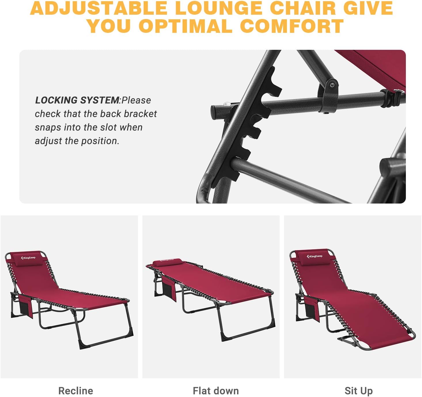 KingCamp 4-Fold Red Folding Outdoor Chaise Lounge Chair for Beach, Sunbathing, Patio, Pool, Lawn, Deck, Portable Lightweight Heavy-Duty Adjustable Camping Reclining Chair with Pillow : Garden & Outdoor