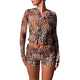 sedmoda Women Sexy Two Piece Outfits Leopard Print Button Down Mesh Crop Top and Shorts Set Club Outfits