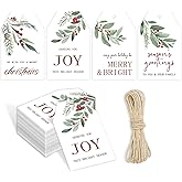 KOPOOEOE 100 Pcs Merry Christmas Gift Tags Happy Holidays Paper Tag Watercolor Holly Xmas Hanging Label Tags with Hemp Rope for Xmas Season Gift Wrapping DIY Crafts, 4 Designs