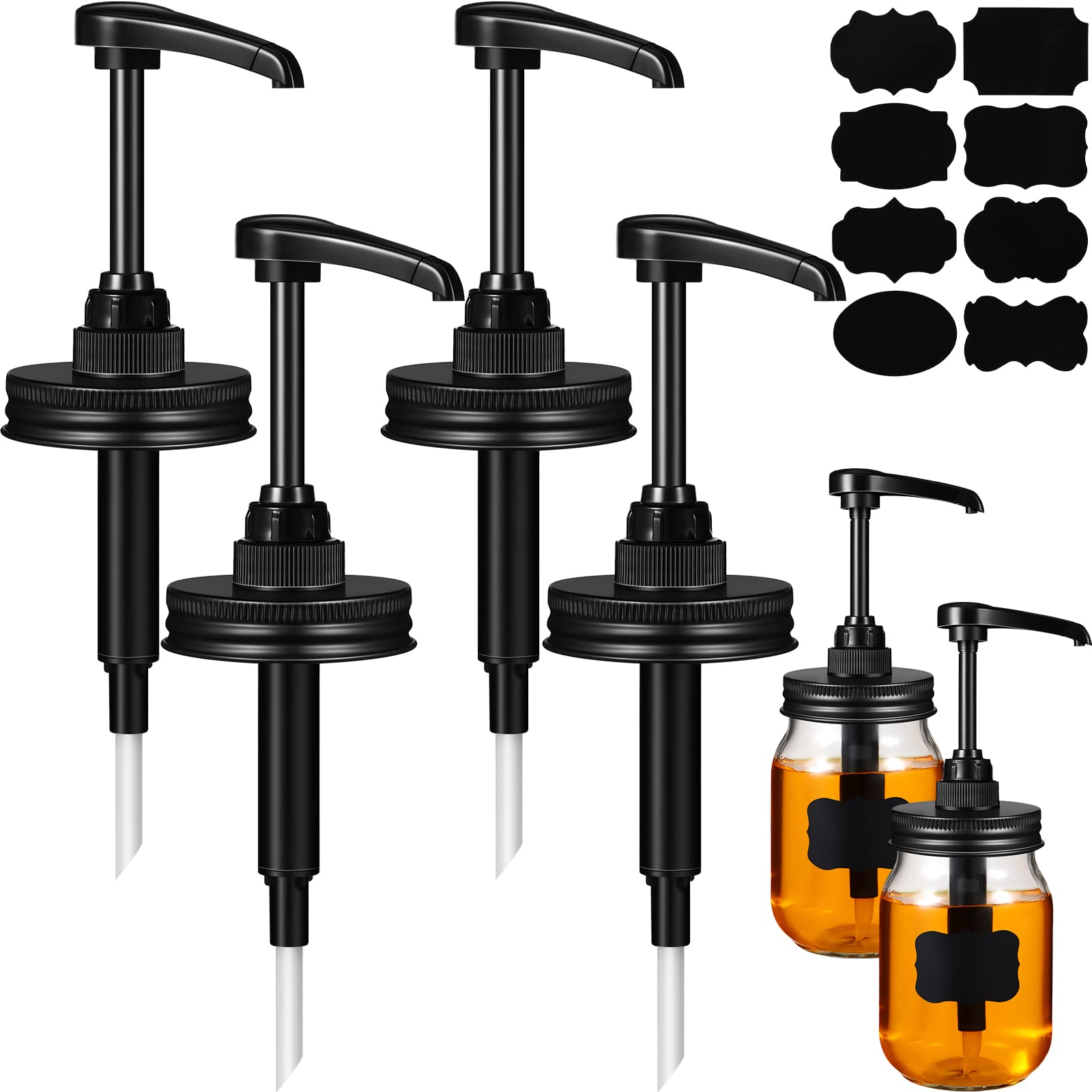 Photo 1 of Meanplan 4 Pack Mason Canning Jar Syrup Dispenser Coffee Syrup Dispenser Pump Lids Set with Labels and Pen Honey Pump for 16 oz Regular Mouth Mason Canning Jars